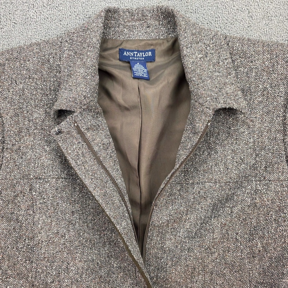 Ann Taylor Silk Wool Blend Zip Jacket Women Brown Tweed Stretch Blazer 4 - Picture 2 of 6
